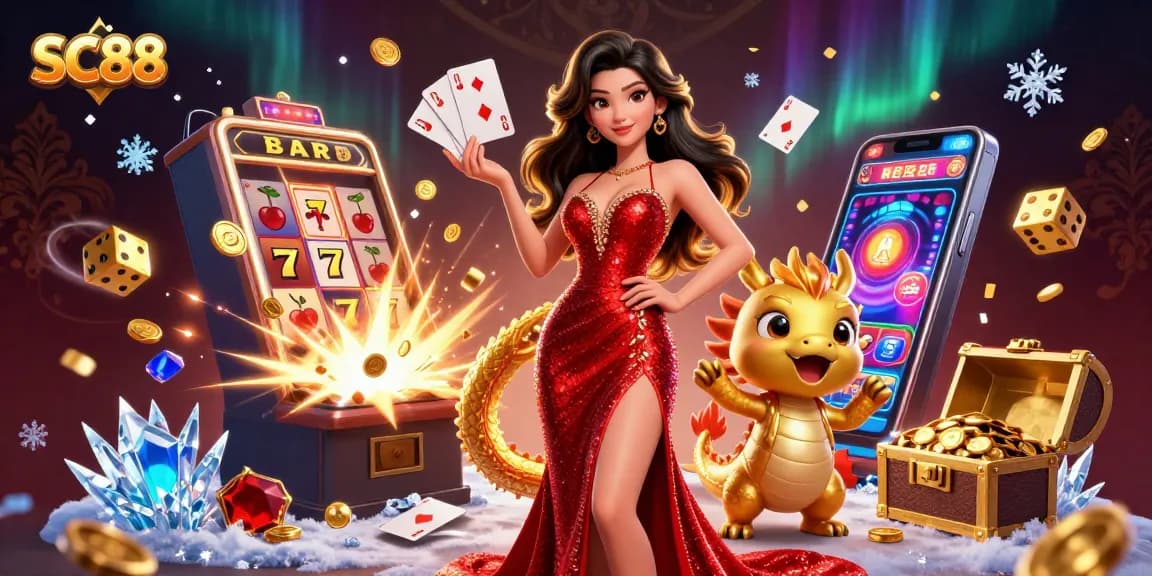 Join the excitement at SC88 with a dazzling Asian woman in a casino atmosphere showcasing jackpots and games.