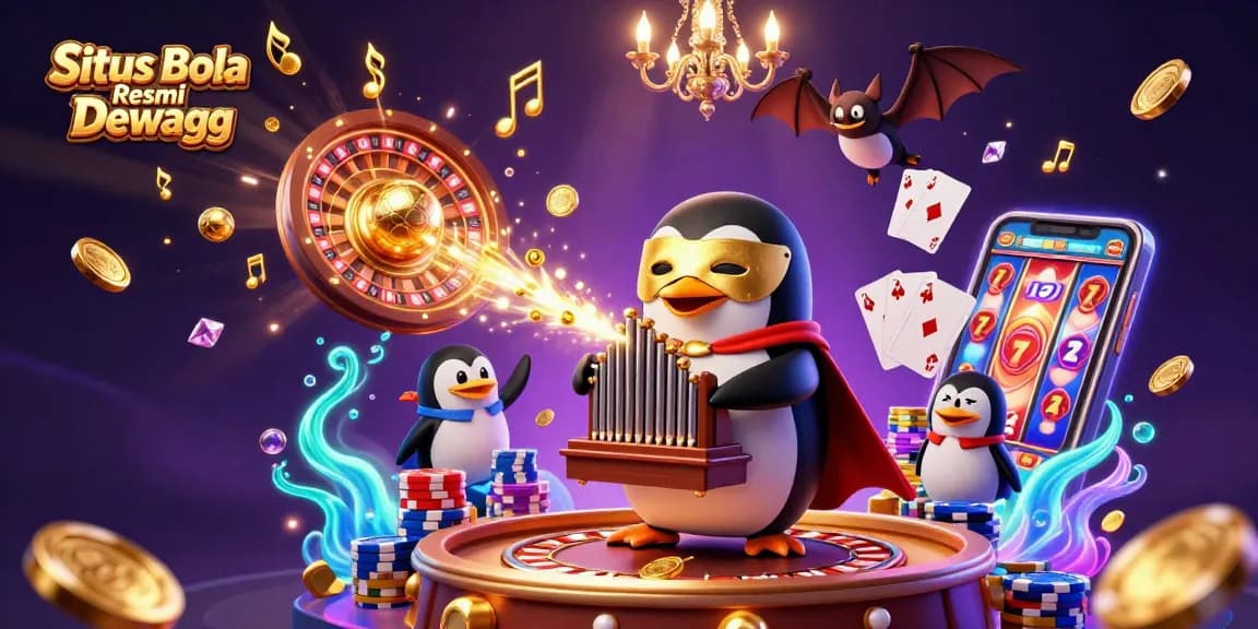 Situs Bola Resmi Dewagg showcases an enchanting slot experience with a penguin playing a golden pipe organ.