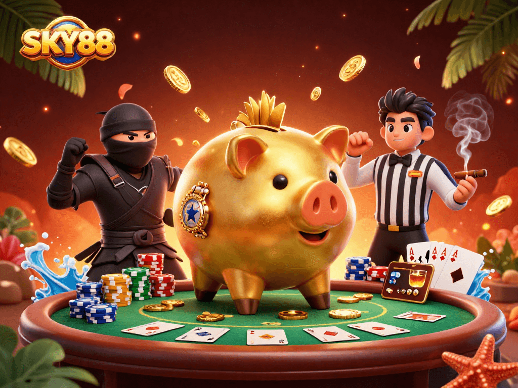 Join the action with SKY88: A vibrant 3D casino scene featuring epic characters and poker elements.