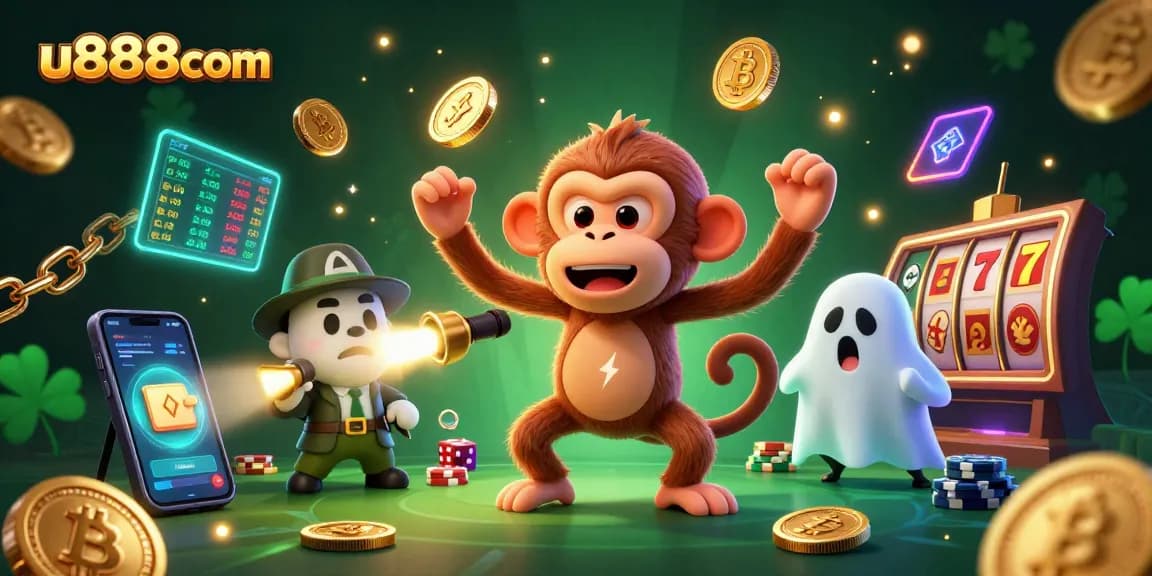 u888com showcases a gripping slots scene with a playful ghost monkey juggling coins and a curious puppy tracking it