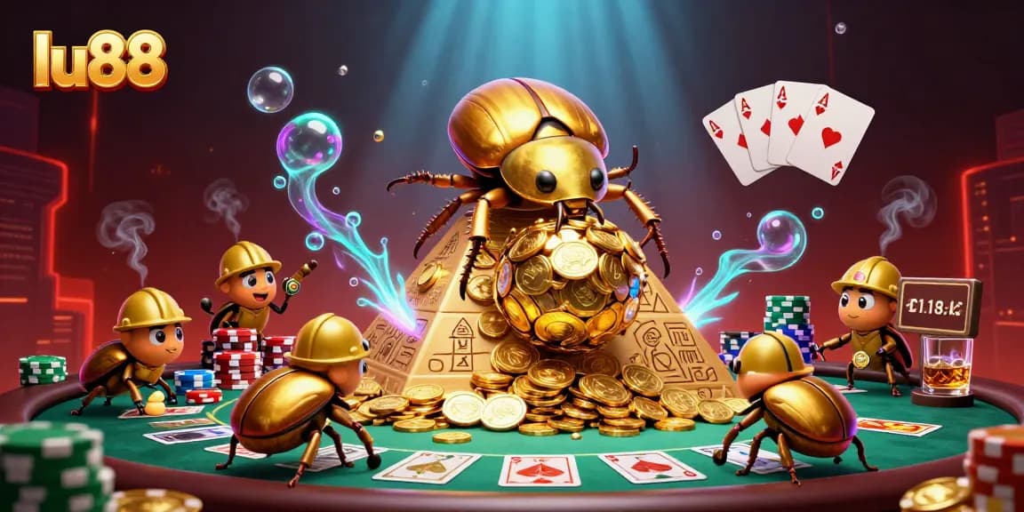 Engage with the thrilling experience of lu88 as golden beetles roll coins on a vibrant casino pyramid.