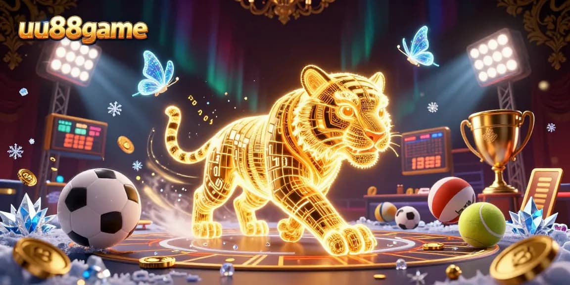 uu88game showcases an energetic digital casino scene with a glowing tiger and sports elements.
