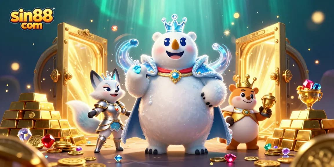 Win big at sin88 com with this vibrant casino-themed 3D illustration featuring gold treasure and playful characters.