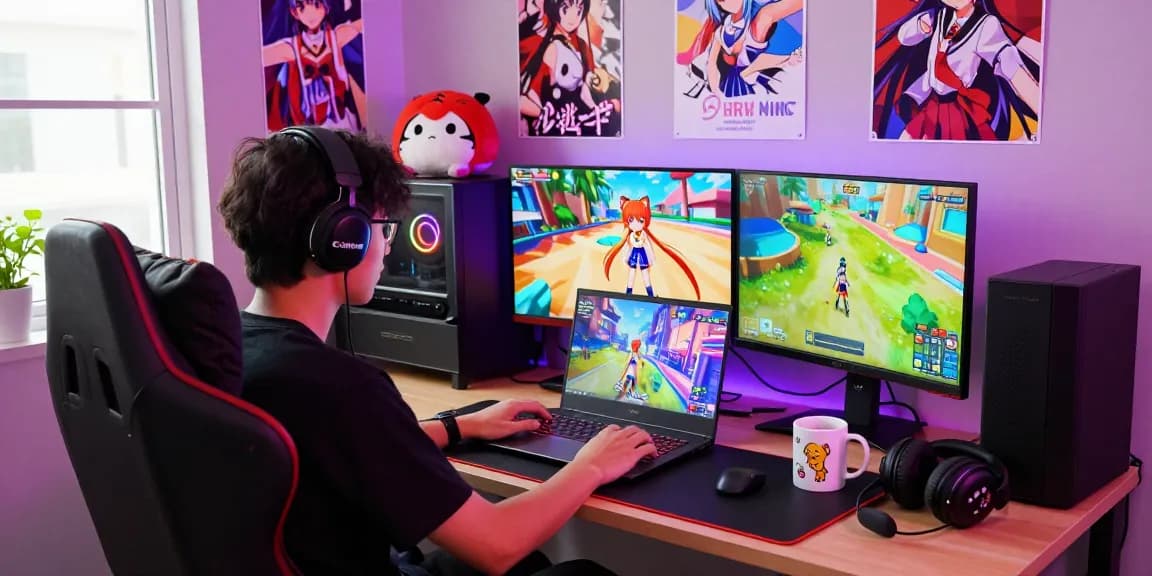 Player engaged in ecchi games on a gaming laptop, colorful setup with gaming accessories
