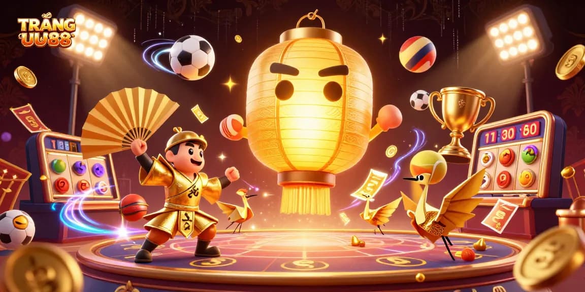 Engage in thrilling gameplay at TRANG CHỦ UU88, featuring a luminous golden lantern spirit in a rich casino scene.