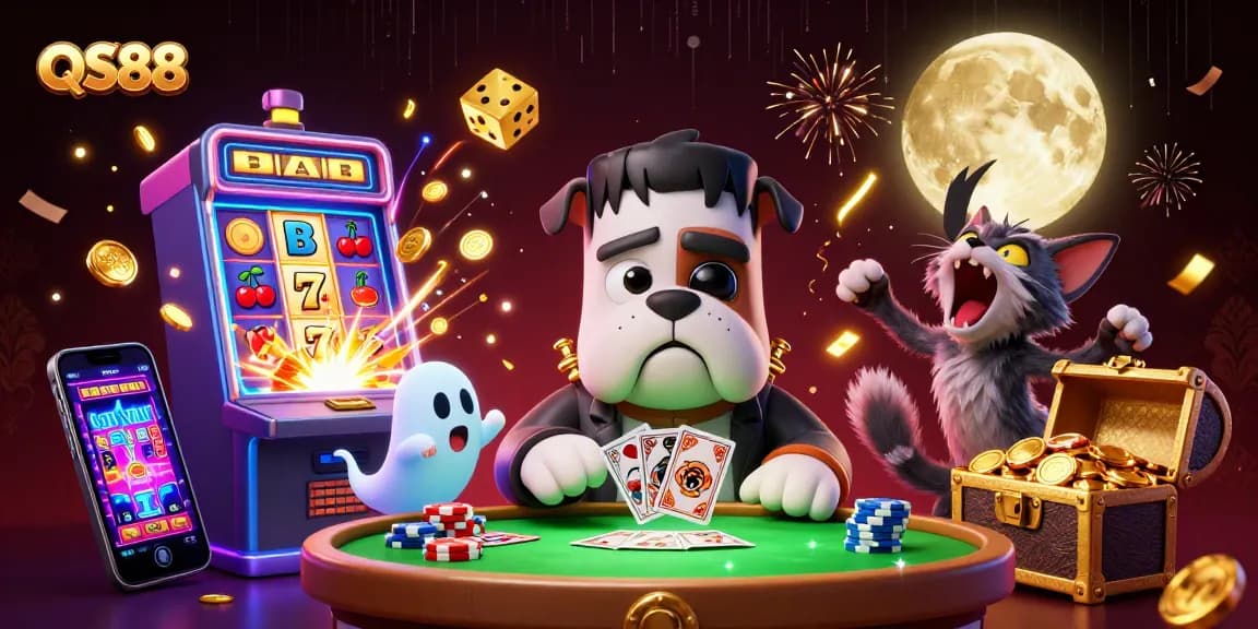 Experience the thrilling QS88 casino scene with a monster dealer, vibrant games, and golden treasures.
