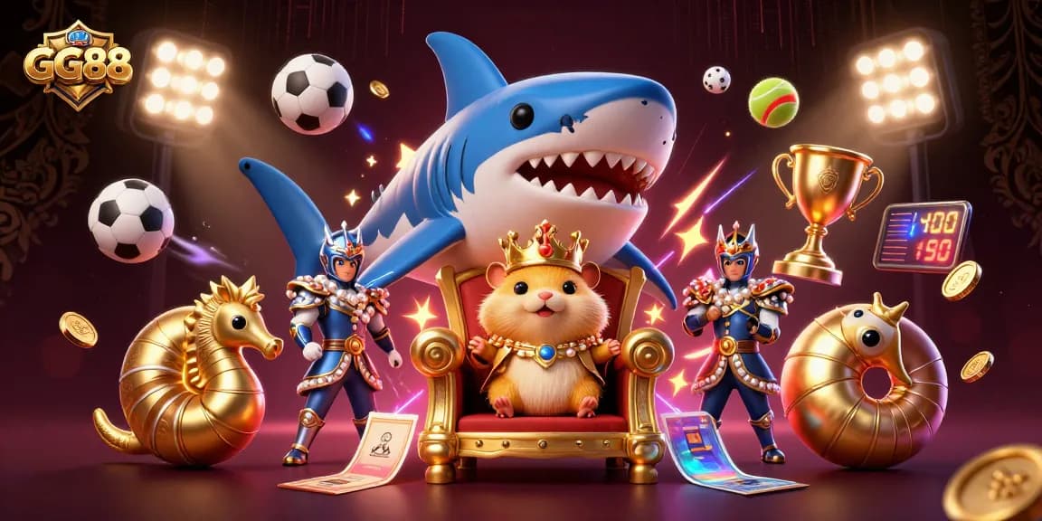 GG88 diversifies entertainment with vibrant 3D casino scene featuring a fierce hamster king and playful sports elements.