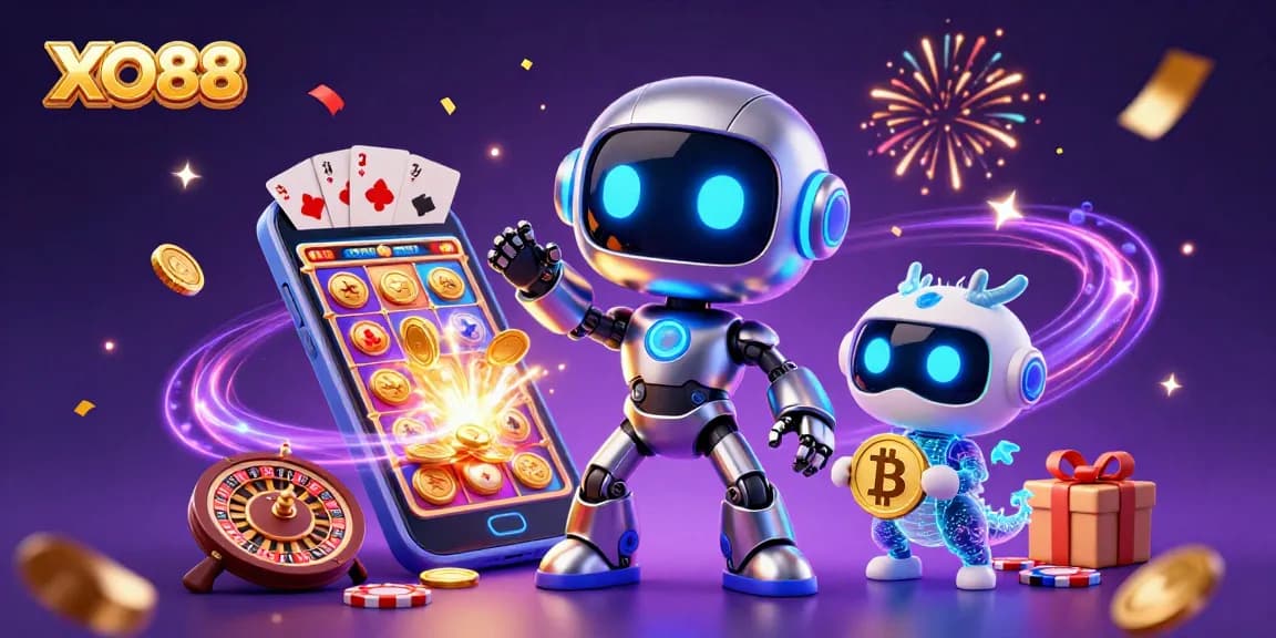 Experience thrilling gameplay at XO88 with vibrant casino elements and a dynamic robot mascot.