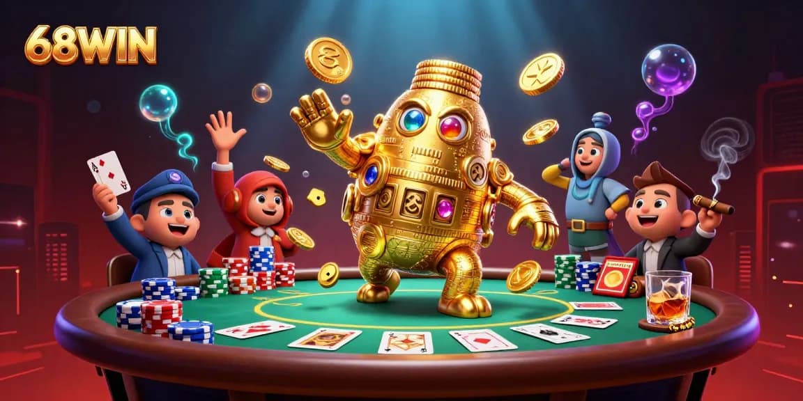 Engage in thrilling 68WIN gambling adventure with our 3D illustration of a golden golem and poker elements.