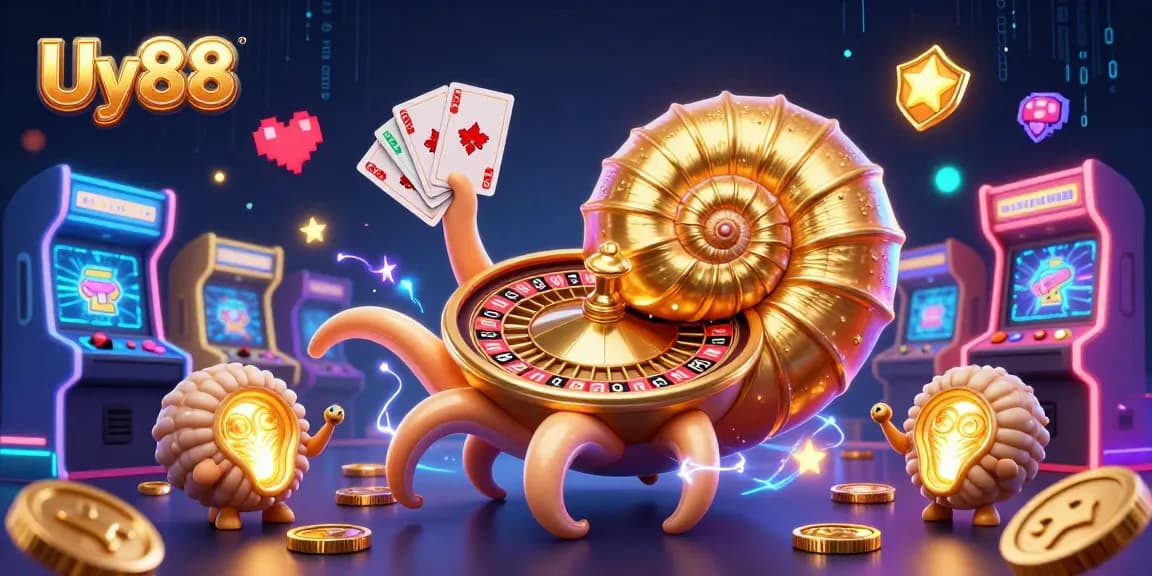 Engage in thrilling gameplay at Uy88 with a giant nautilus roulette wheel and glowing cards.