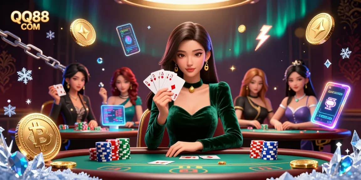 Engage expertly with QQ88 COM at a vibrant poker table, showcasing strategy amidst digital crypto vibes.