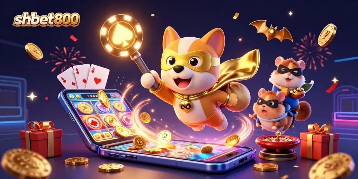 Engage in thrilling gameplay with shbet800's vibrant illustration showcasing a superhero dog amidst casino excitement.