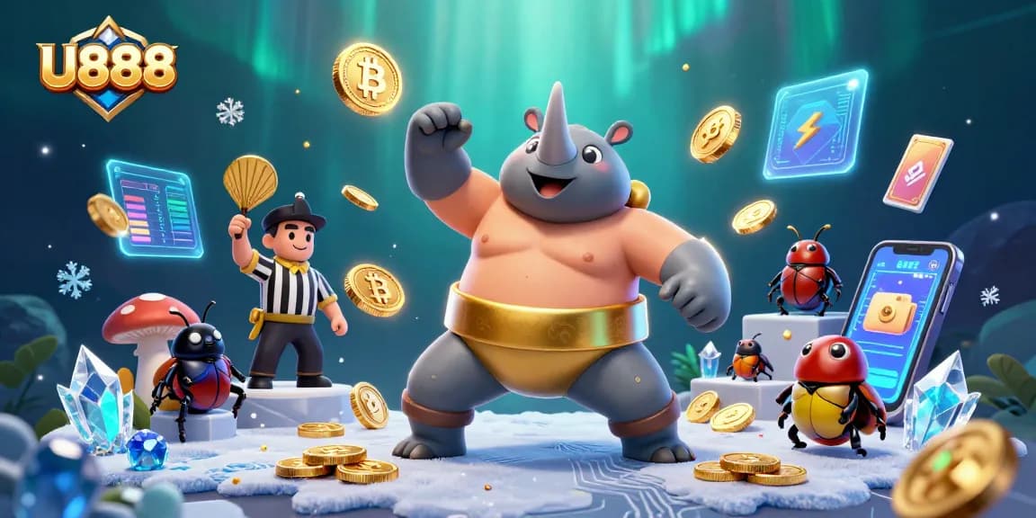 U888 players enjoy thrilling casino action with a vibrant cartoon beetle sumo champion surrounded by crypto elements.