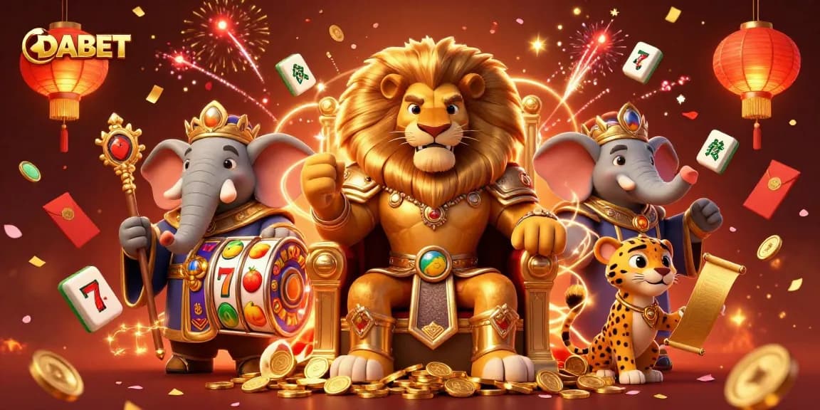 DABET offers thrilling gameplay with vibrant slot reels and rich characters in a festive casino scene.