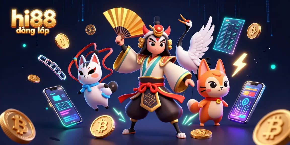 Win big with hi88 đăng nhập: A dynamic 3D illustration of a kabuki warrior and crypto elements.