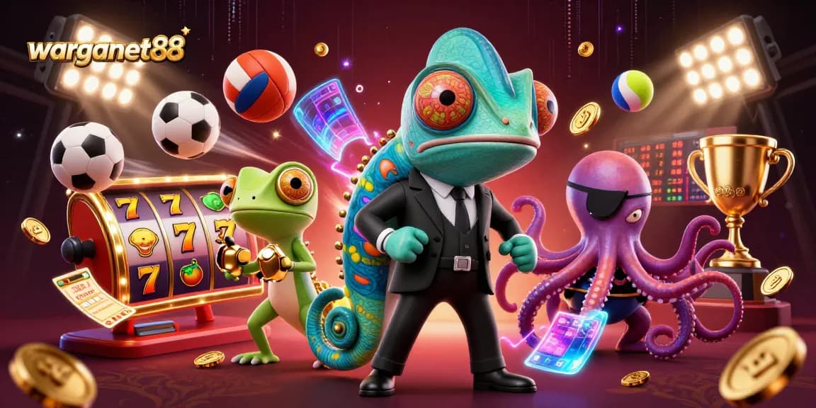 Activate warganet88's excitement with a vibrant casino scene featuring dynamic slot reels and colorful characters.
