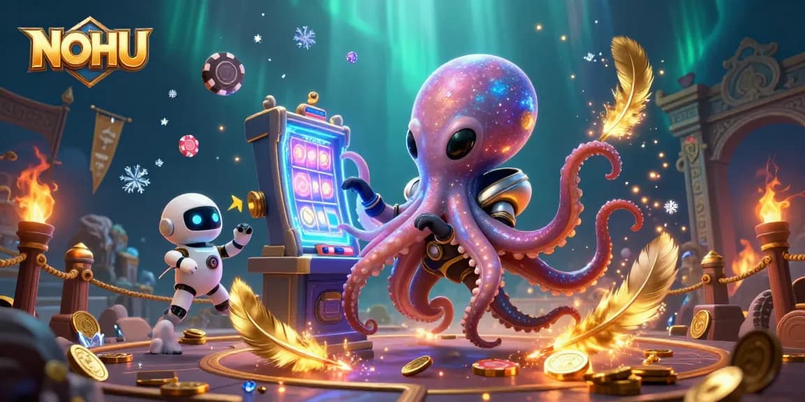 Engage in thrilling NOHU gameplay with an alien octopus and robot at a holographic slot machine, surrounded by coins and cosmic elements.