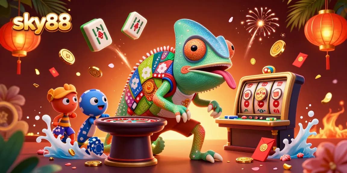 Engage with sky88's vibrant gaming scene featuring a chameleon casino owner and dynamic slot elements.