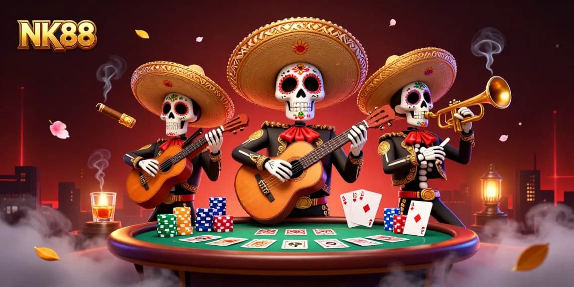 Engage in thrilling NK88 poker action with vibrant Day of the Dead mariachi characters.