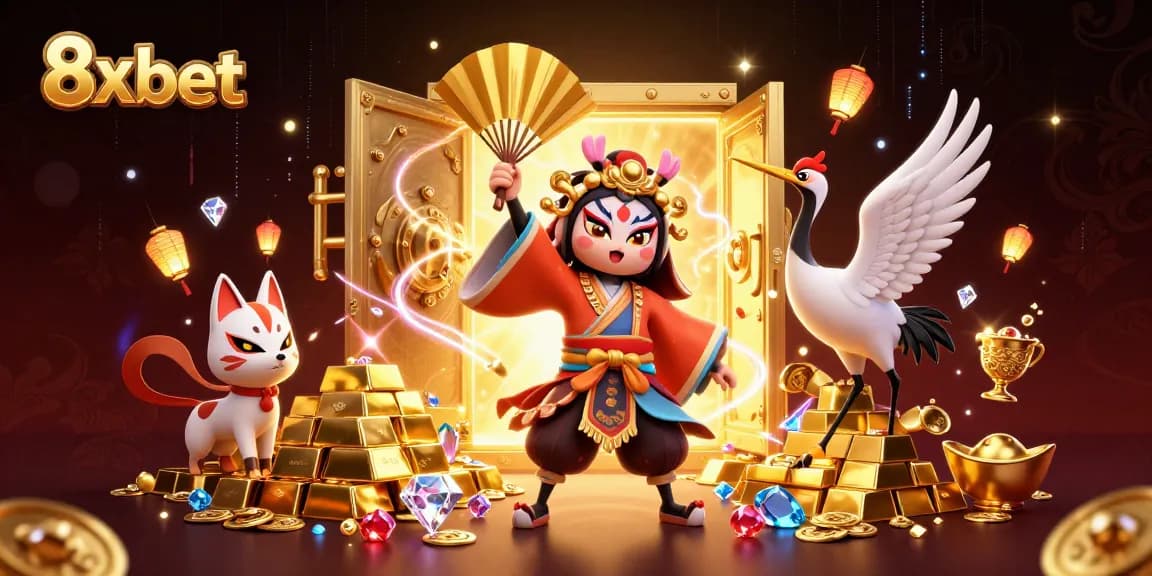 Experience thrilling action at 8x bet with a kabuki warrior and treasures in a vibrant casino scene.