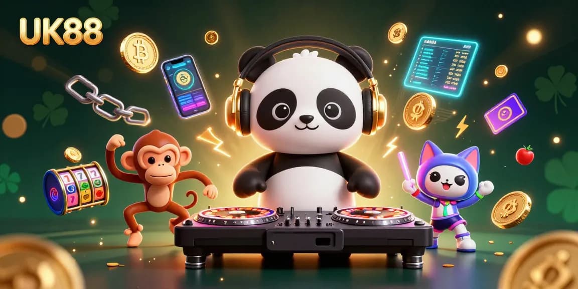 Spin the reels with UK88 featuring a DJ panda, dancing monkey, and rave kitten in a vibrant casino scene.