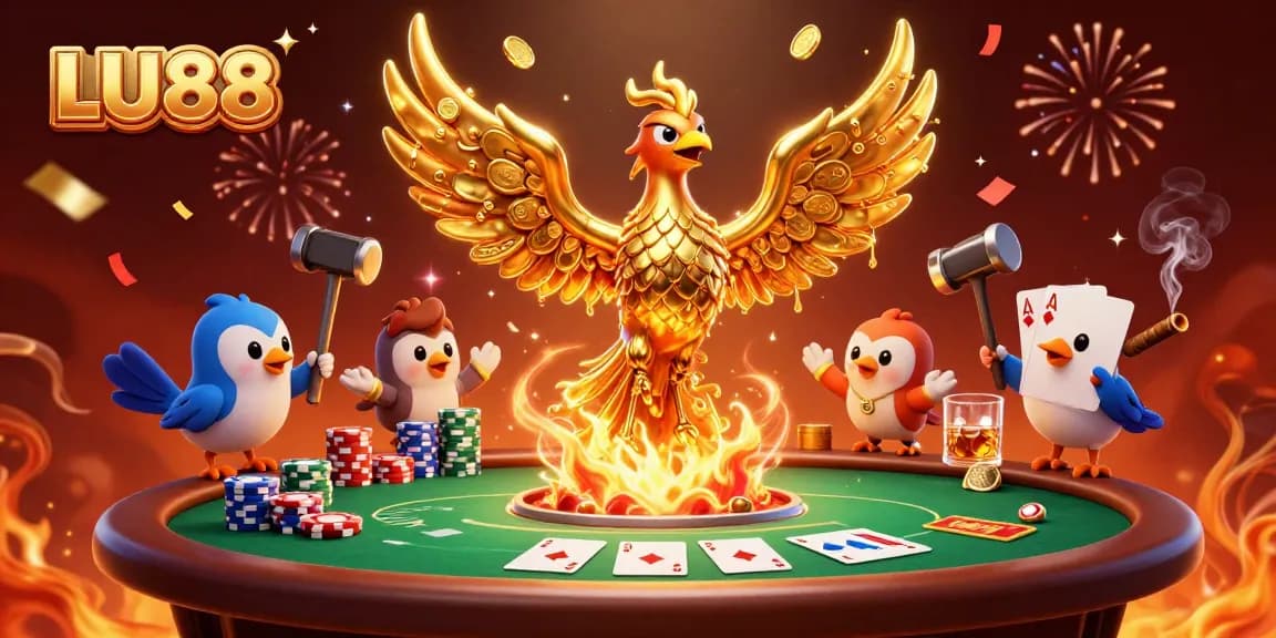 Experience thrilling gameplay at LU88 with a 3D phoenix and poker scene bursting with excitement.
