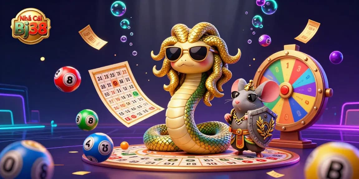 Experience the thrill of Nhà Cái Bj38 with a vibrant 3D scene of Medusa and a warrior mouse amidst colorful lottery elements.