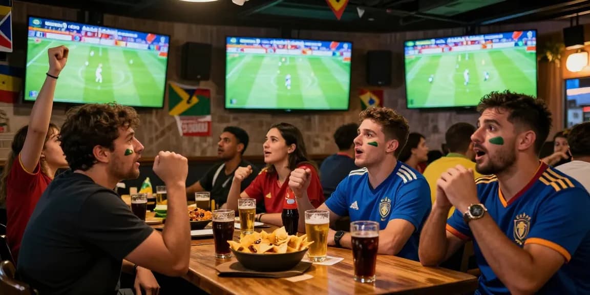A lively sports bar scene with fans enjoying Bongdata updates during the World Cup.