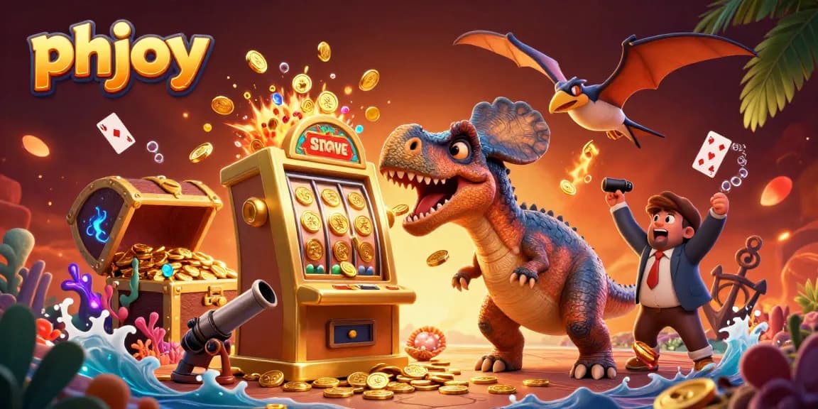 phjoy jackpots await in a dynamic casino scene with dinosaurs, golden coins, and vibrant underwater treasures.