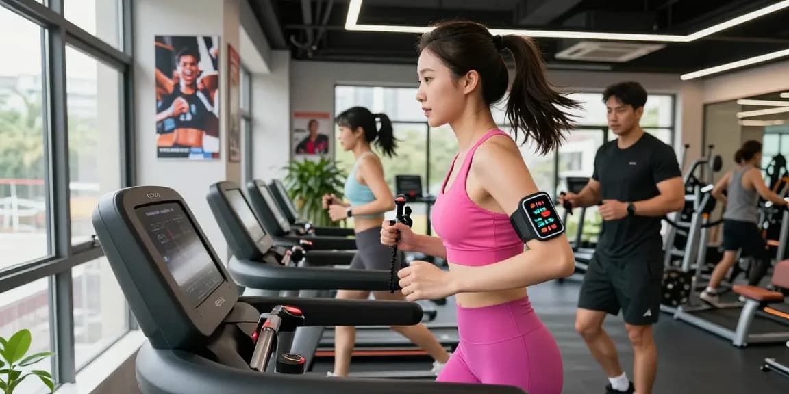 Active woman using a health tracker during treadmill workout in a modern gym environment.
