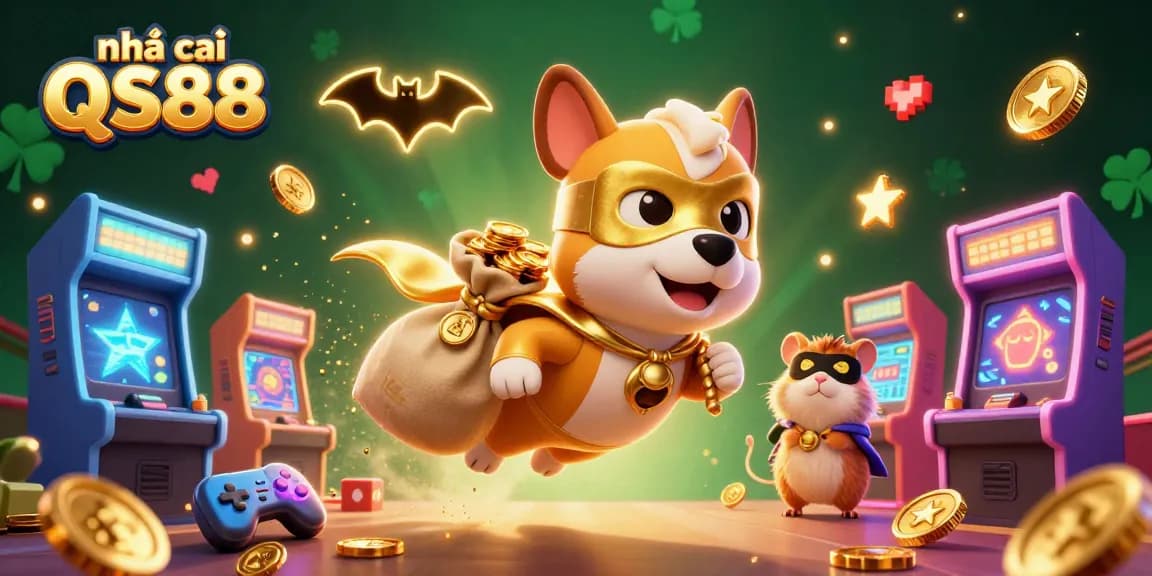 Engaging scene with nhà cái QS88 hero dog and hamster collecting gold coins amidst vibrant casino-themed elements.