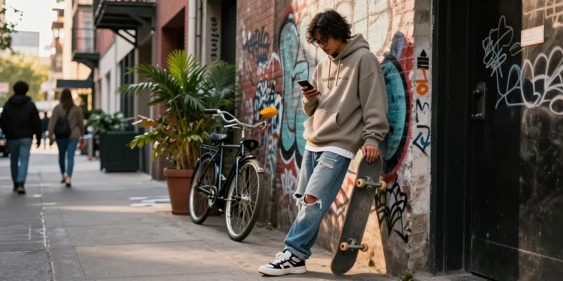 Stylish urban youth wearing an Essentials hoodie, checking phone against graffiti backdrop in city alley.