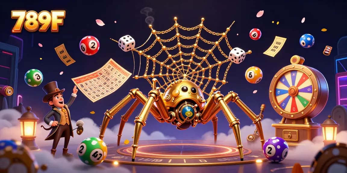Catch thrilling action at 789F with a steampunk spider weaving golden chains, capturing dice!