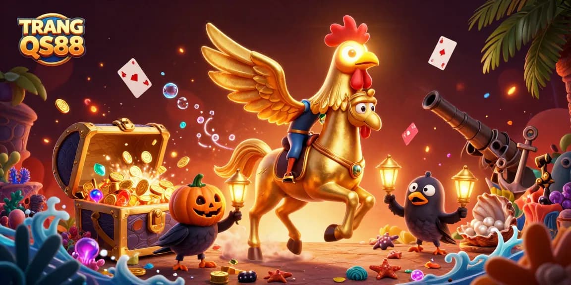 Engage with TRANG CHỦ QS88 in a vibrant casino adventure with golden rooster characters and treasure elements.