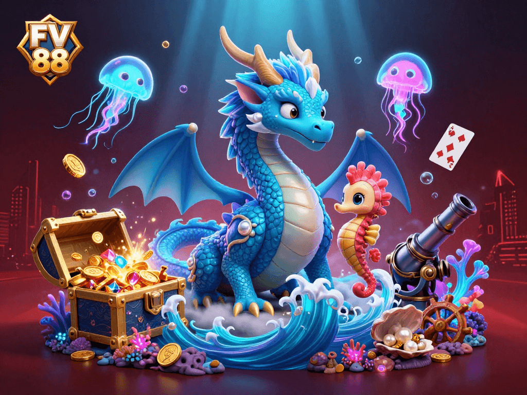 Engage with the exciting world of FV 88 featuring a dragon, seahorse knight, and vibrant ocean-themed casino elements.