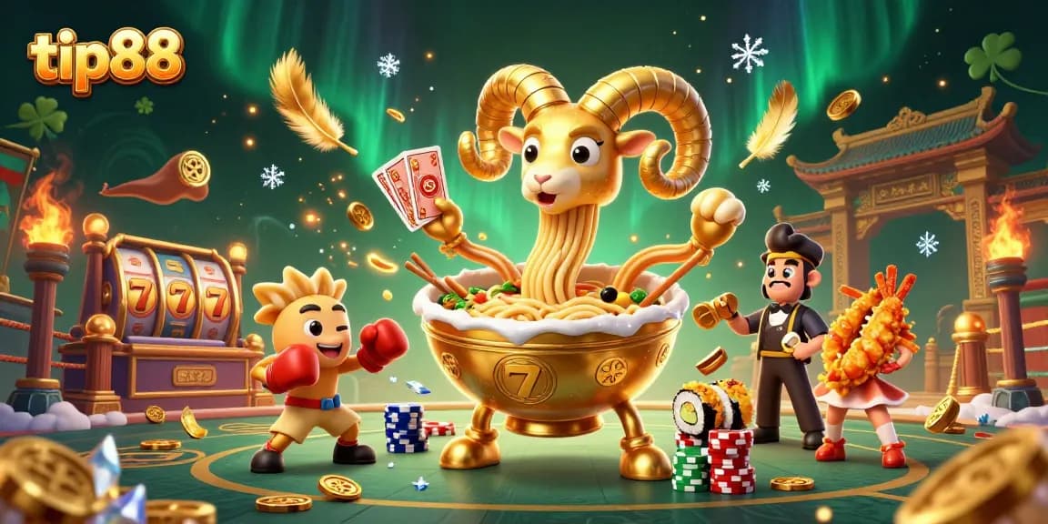 tip88 showcases a dynamic casino scene with a giant ramen bowl character dealing cards amid vibrant elements.