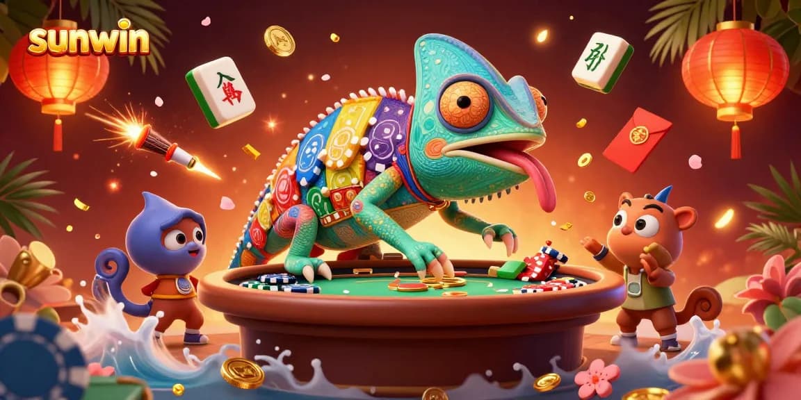 Experience sunwin in an exciting casino atmosphere with a colorful chameleon and engaging gaming elements.
