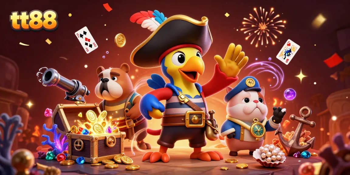 Spin to win with tt88 in this vibrant 3D illustration of a pirate captain and his crew amidst treasures.
