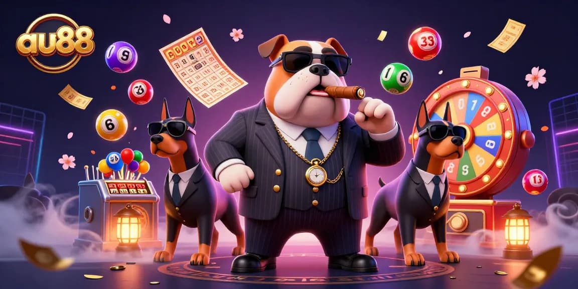 Engage with vibrant gaming elements at au88, illustrated with a mafia bulldog casino scene bursting with fun.