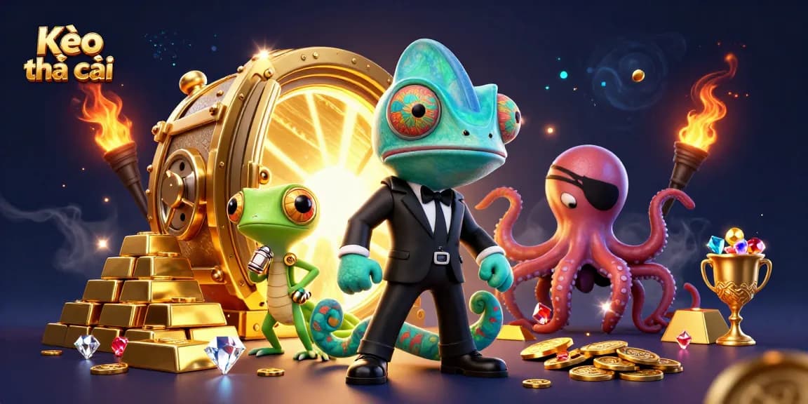 Kèo nhà cái showcases vibrant gaming strategy with thrilling 3D characters in a dynamic scene.