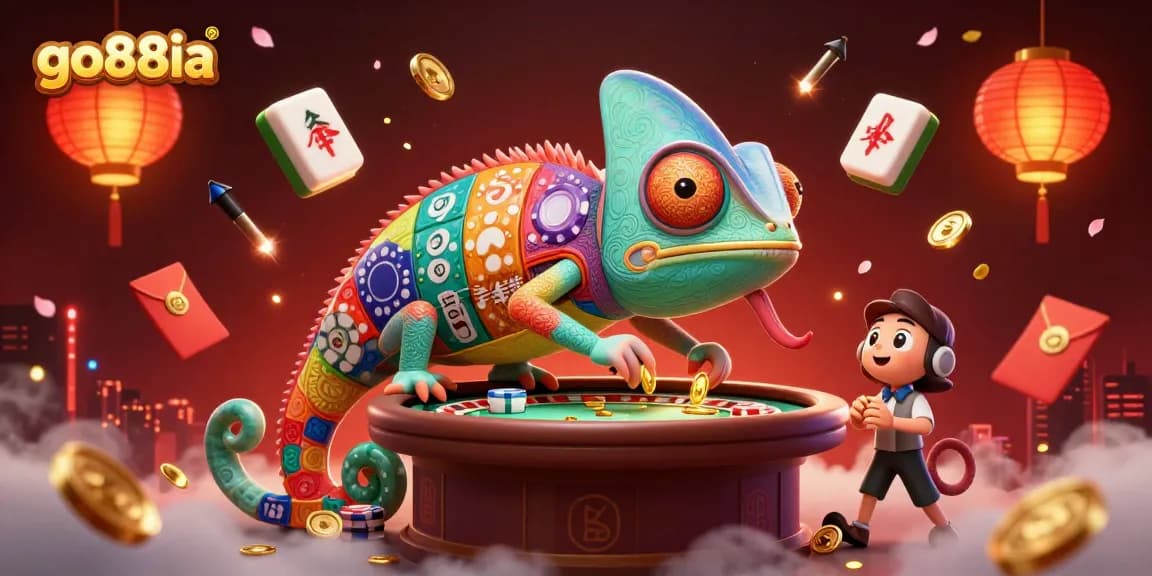 Experience the go88ia casino adventure with vibrant elements and a dynamic chameleon character.