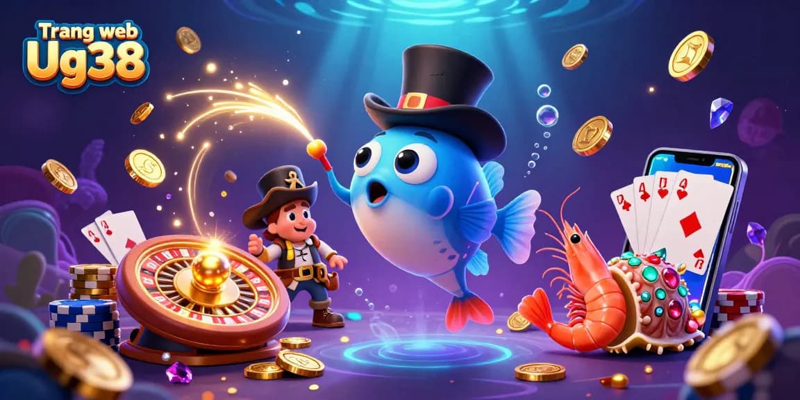 Win with Trang web Ug38 through vibrant casino-themed underwater illustration showcasing exciting reels and treasures.