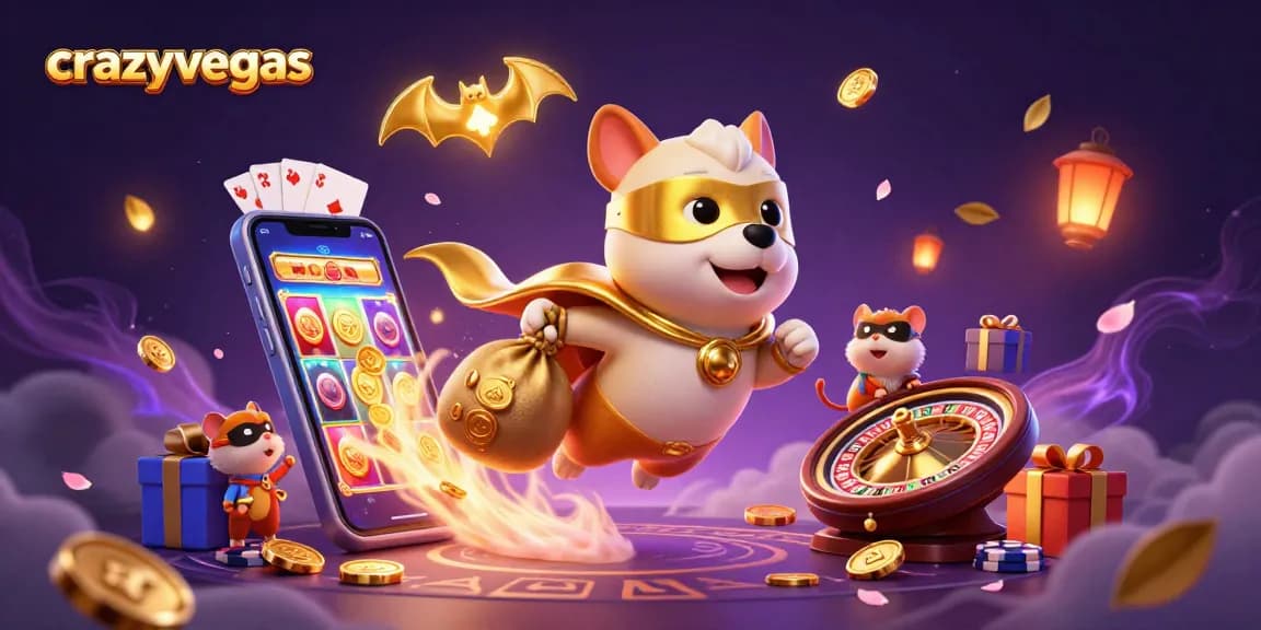 Experience thrilling wins at crazyvegas with a superhero dog and hamster amidst vibrant casino visuals.