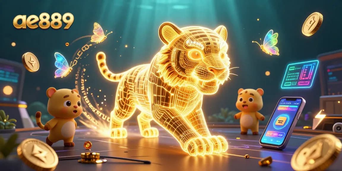 Experience thrilling action at ae889 with a neon-lit casino scene featuring a glowing golden tiger and holographic butterflies.
