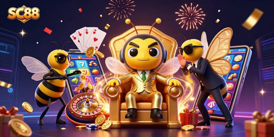 Engage with SC88’s vibrant casino scene showcasing a bumblebee mob boss ruling a colorful slot paradise.