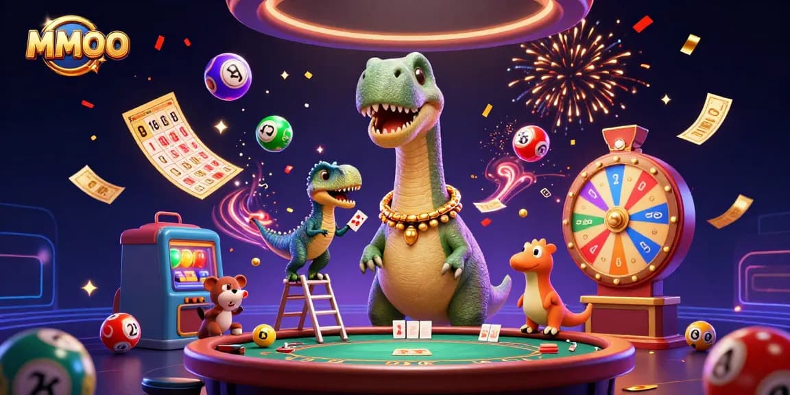Engage with vibrant MMOO casino scene showcasing a giant brontosaurus overseeing poker action.