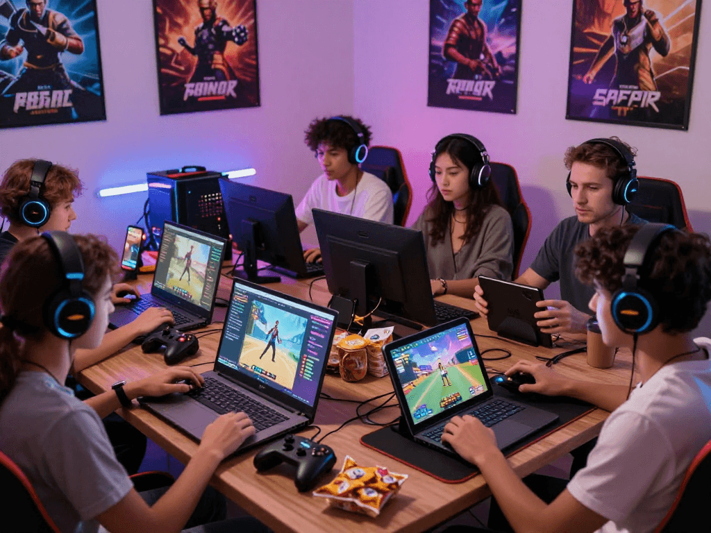Engaged players enjoying multiplayer porno games in a cozy gaming room, showcasing diverse gaming devices.