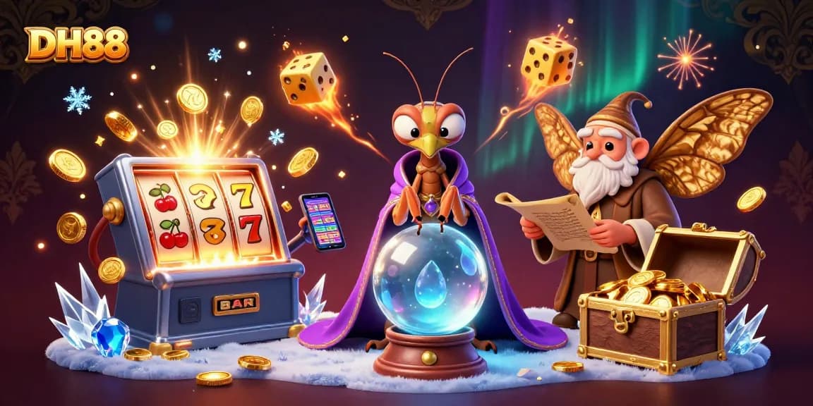 Experience the magic of DH88 with vibrant casino games and engaging characters in this dynamic illustration.