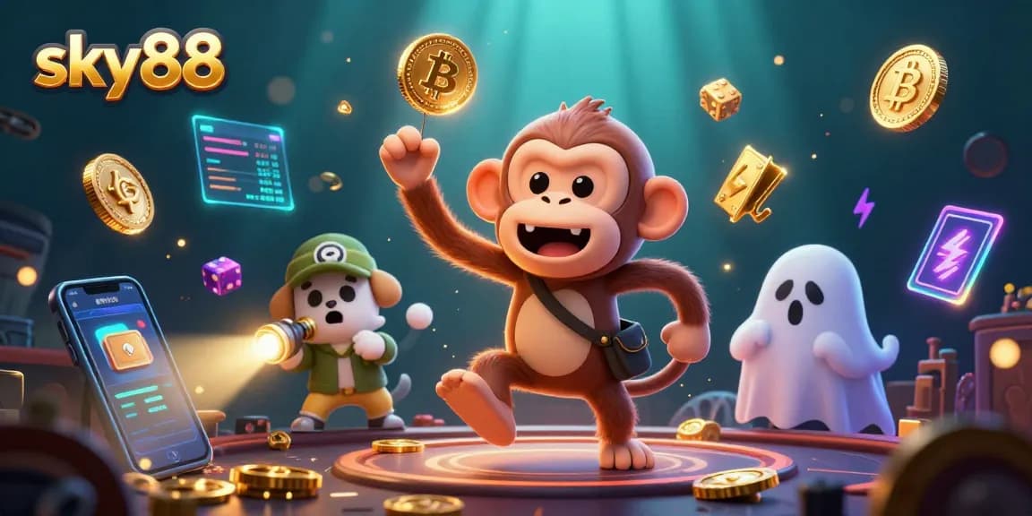 Experience the thrill of sky88 with vivid animation elements featuring a mischievous monkey in a haunted casino.