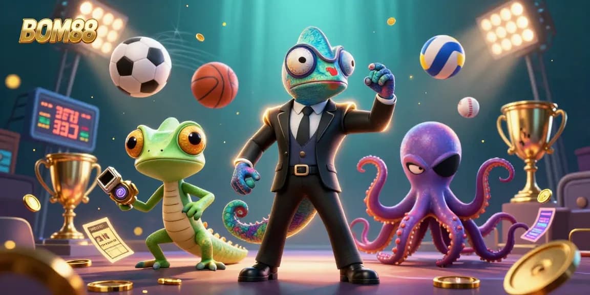 BOM88 offers thrilling sports betting with a dynamic 3D illustration featuring colorful sports elements.